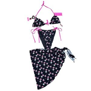 Betsey Johnson M Black Hot Pink Floral Rose Lips Bikini Ooh La 3 Pc Set Sarong